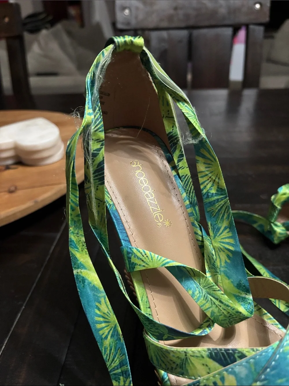 Shoe Dazzle Tropical Green & Teal Wrap Wedge Sandals